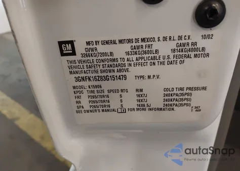 2003 Chevrolet Suburban 1500 Lt z USA, uszkodzony, nr VIN 3GNFK16Z83G151479